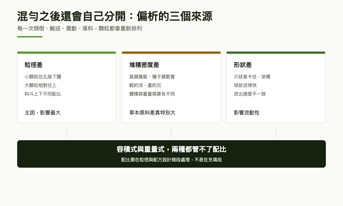 三個並列圖：粒徑差、堆積密度差、形狀差造成偏析，下方結論為配比要在配方設計階段處理
