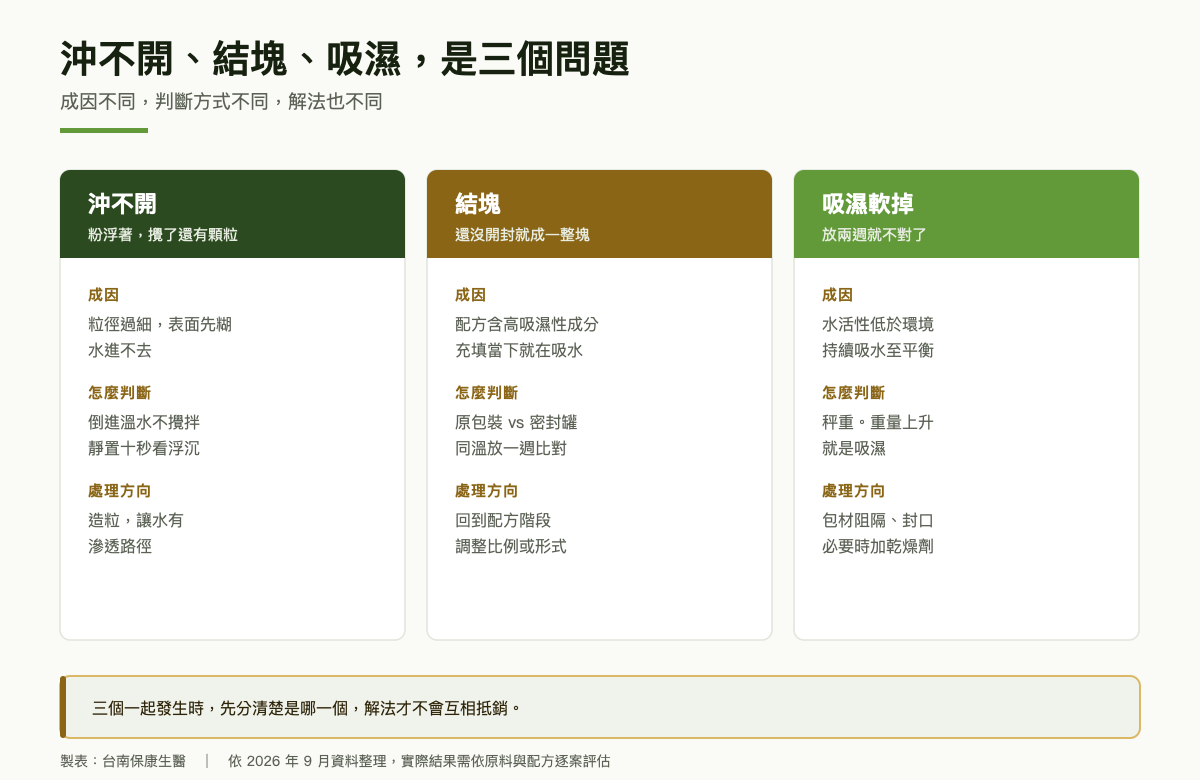 粉包三難題對照圖：左欄沖不開，成因為粒徑過細或未造粒；中欄結塊，成因為配方含高吸濕性成分或環境濕度；右欄吸濕軟掉，成因為包材阻隔不足。每欄附判斷方式與處理方向