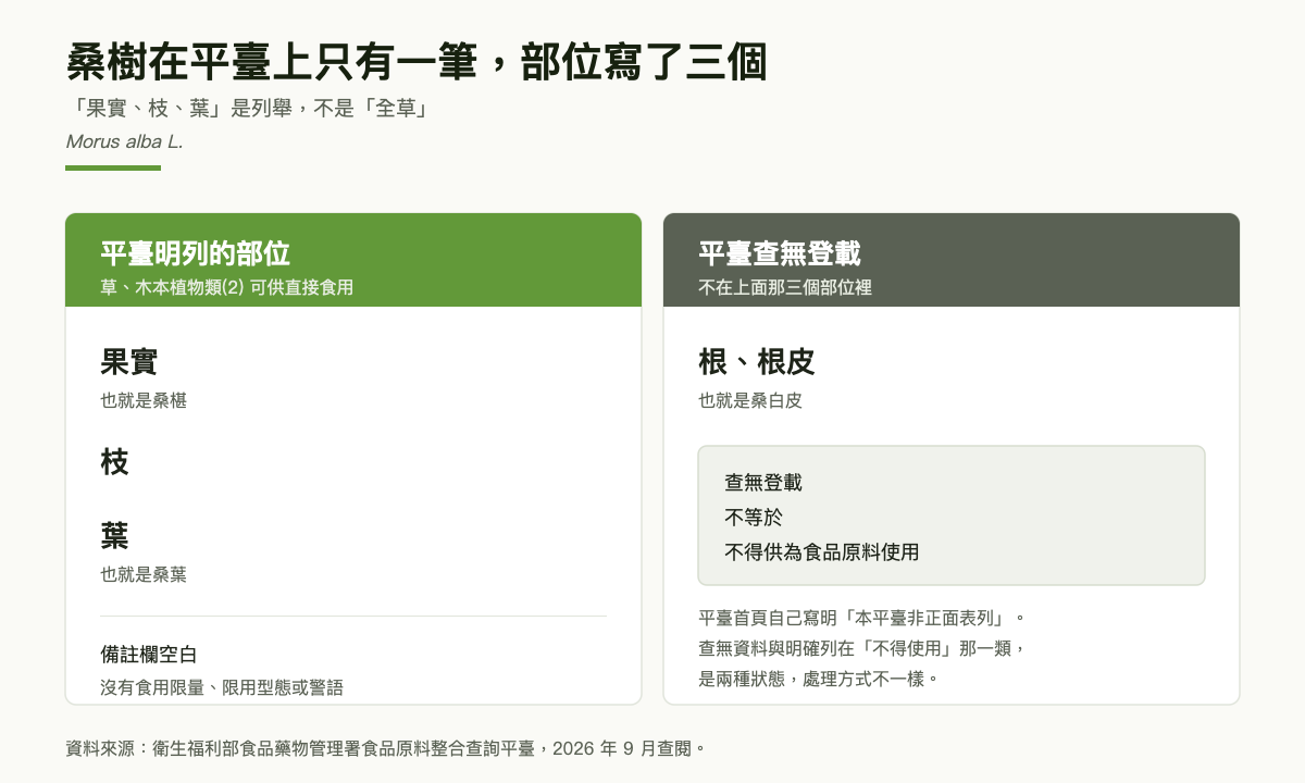 桑樹部位對照圖：左側綠色區塊列出平臺明列的三個部位果實、枝、葉，標示草木本植物類第二類可供直接食用、備註欄空白；右側灰色區塊為根與根皮也就是桑白皮，標示平臺查無登載，並註明查無登載不等於不得使用