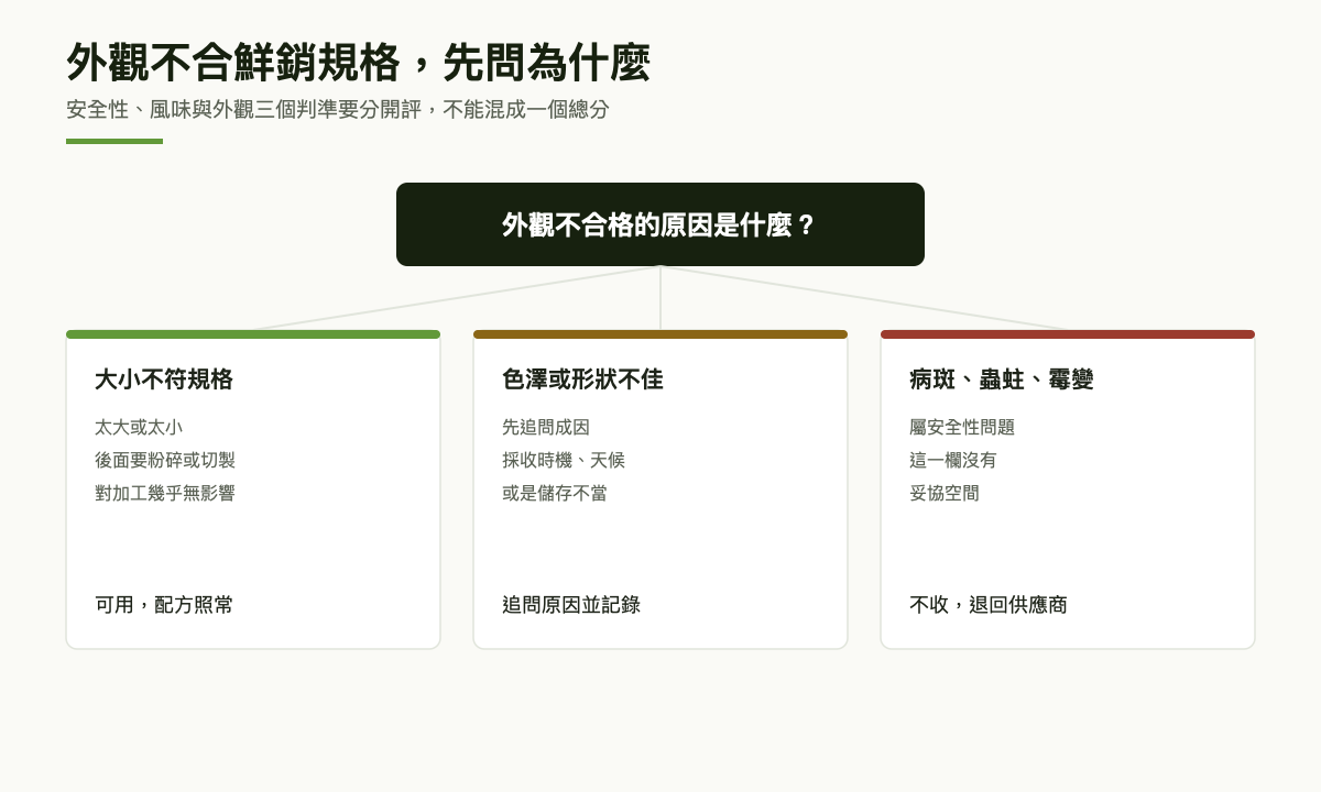 決策圖：外觀不合格的三種成因分流，只有病斑、蟲蛀、霉變那一類不得收受