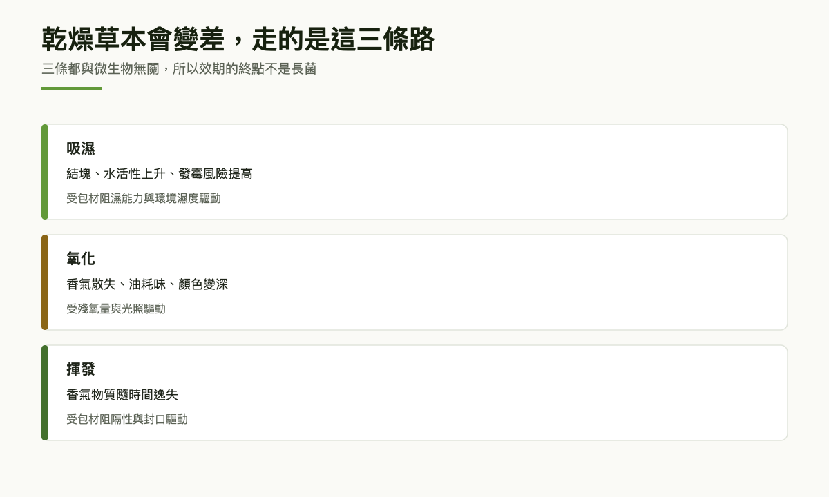 三層對照圖：吸濕造成結塊與水活性上升，氧化造成香氣散失與油耗，揮發造成香氣逸失，三者皆與微生物無關